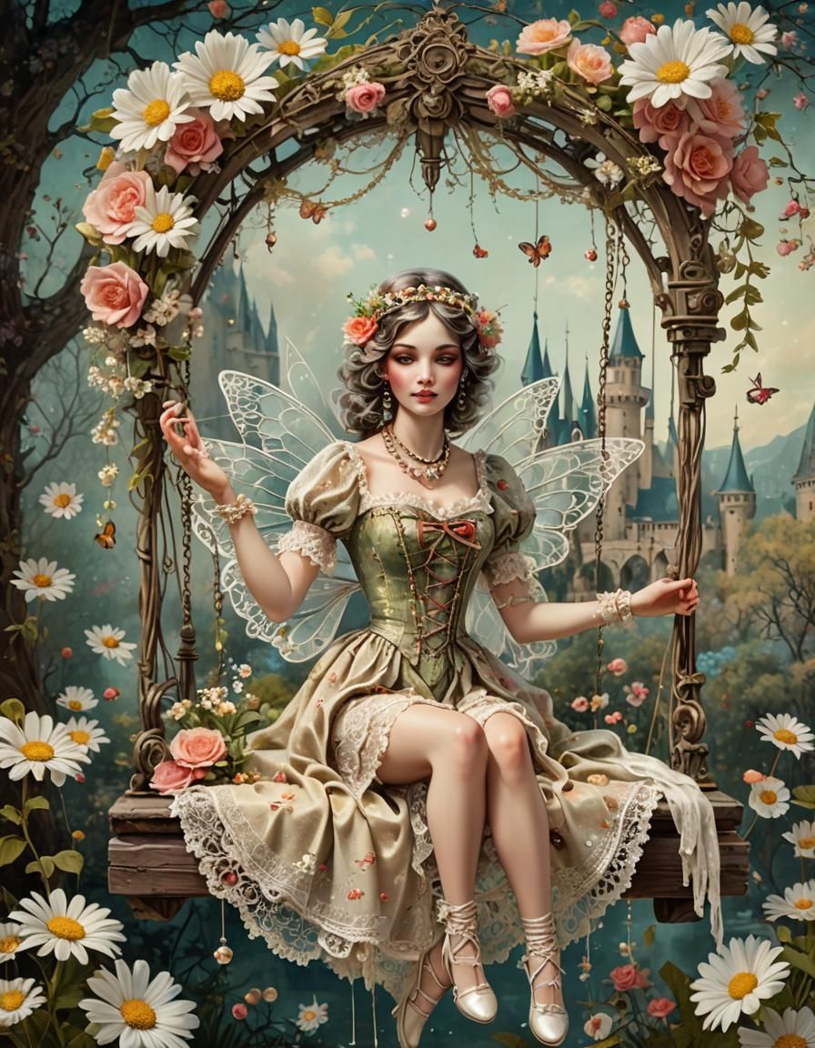 Grunge Fairy on Floral Swing, Detailed Matte Painting