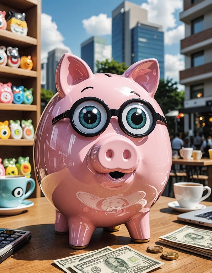 Anime Piggy Bank with Googly Eyes in Cafe