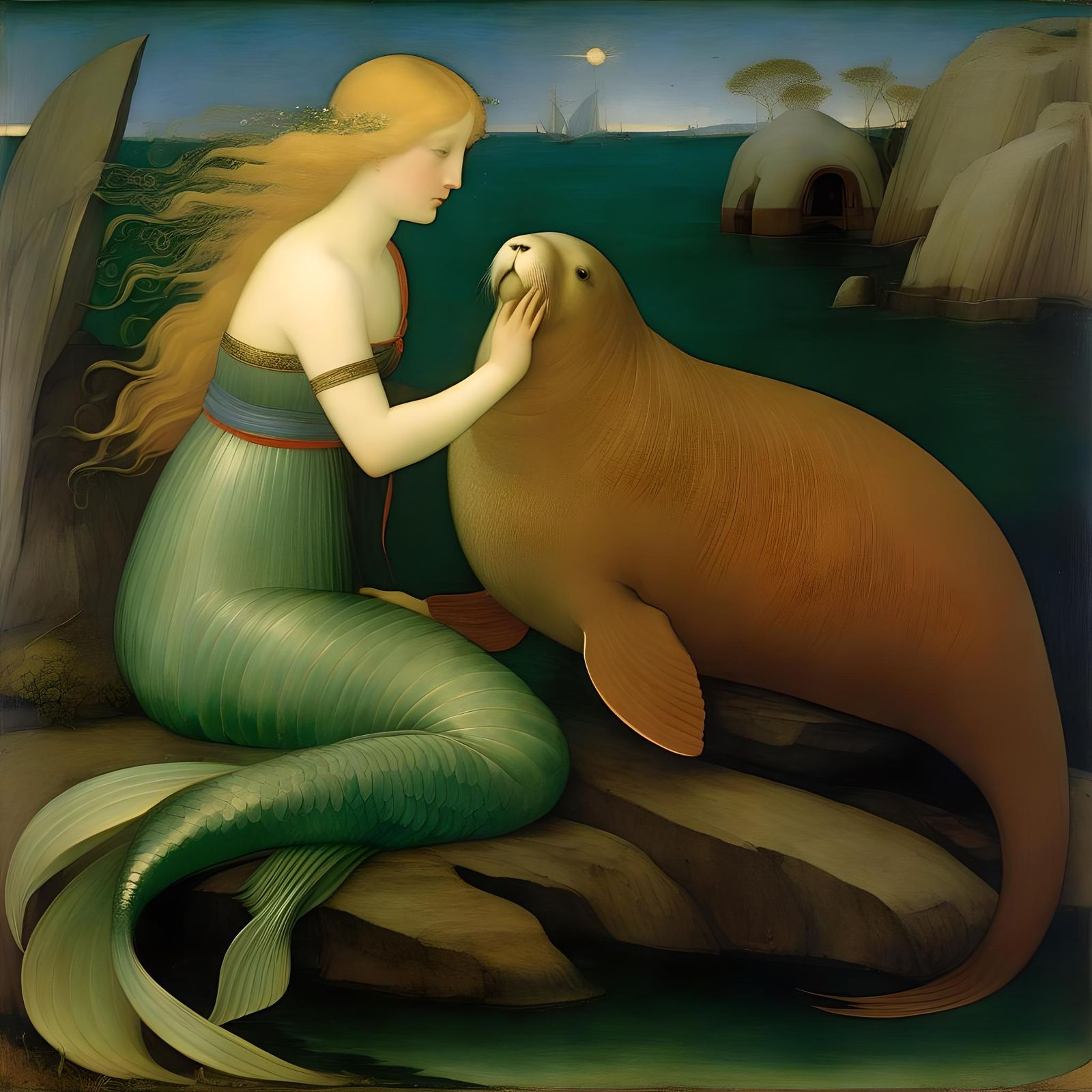 Mermaid and Walrus in Pre-Raphaelite Style