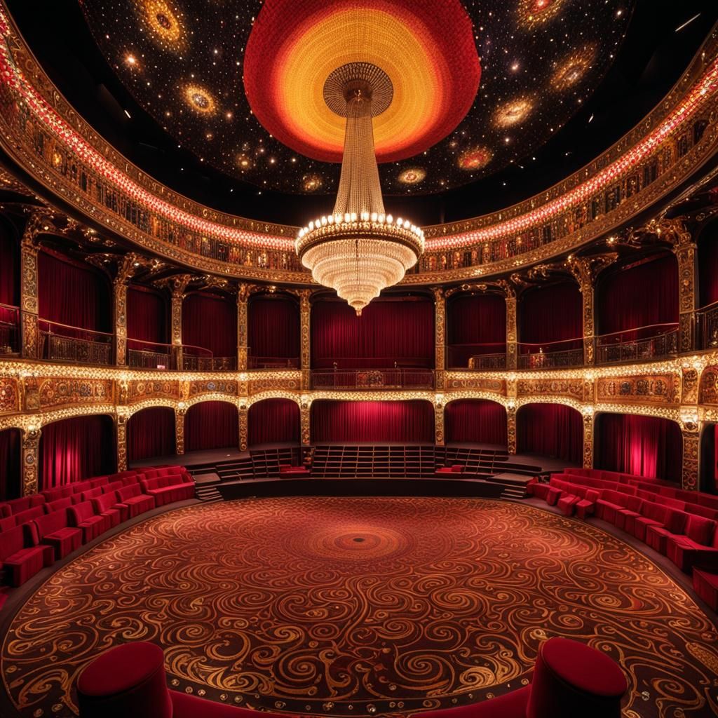 Opulent Theatre Interior in Klimt-Inspired Cubist Style