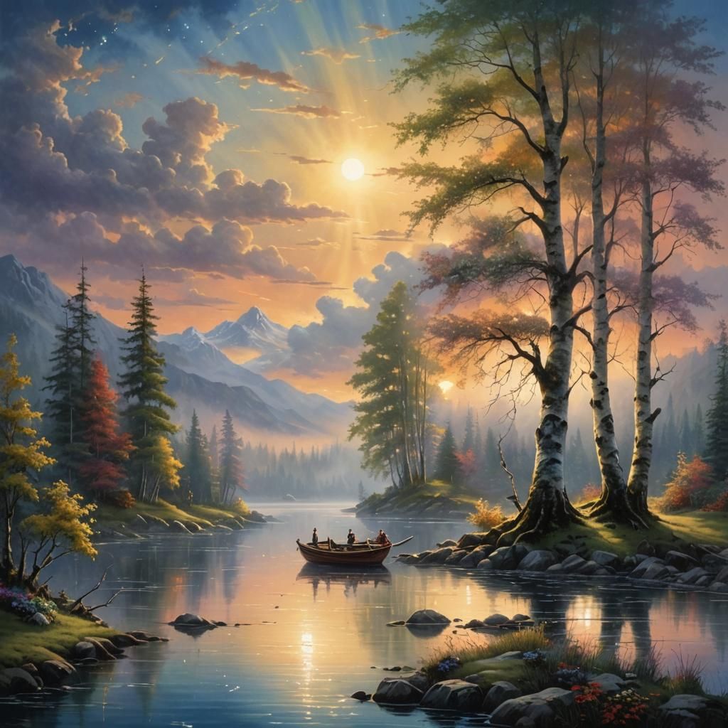 Ethereal Midnight Sun Over Lake in Fantasy Style