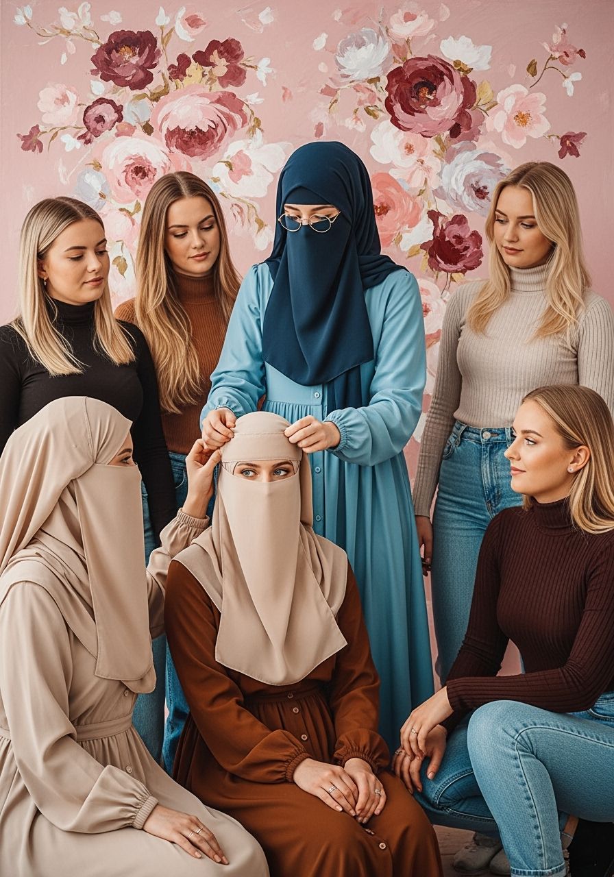 Niqabi Women in Expressive Abstract Floral Scene