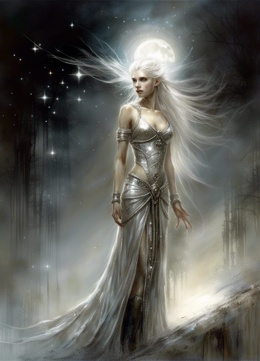 Moonlit Elf in Shimmering Silver Dress
