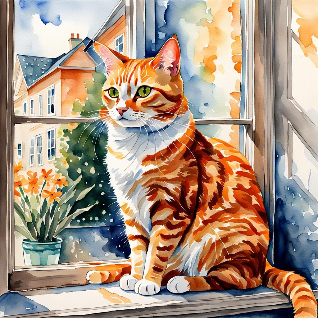 Orange Tabby Cat at Window: Watercolor Painting