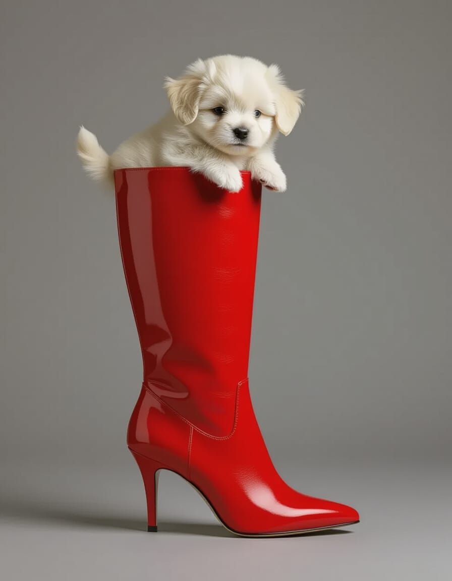 High Red Boot with Puppy: Commercial Studio Shot
