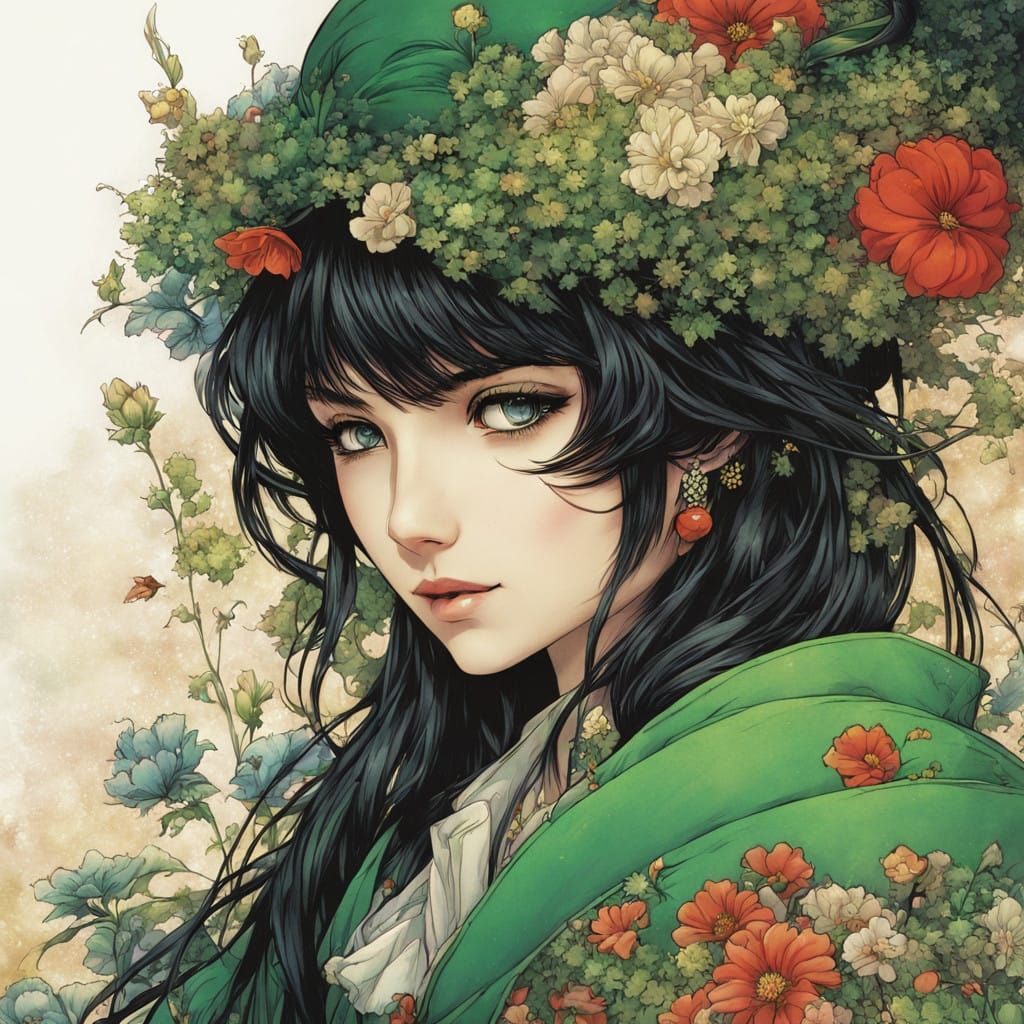 Enchanted Medieval Wizard Girl in Vibrant Floral Garb