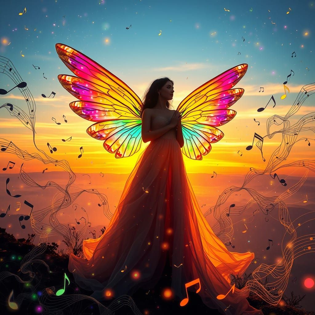 Angel of Rainbow Wings in Vibrant Sunset Landscape