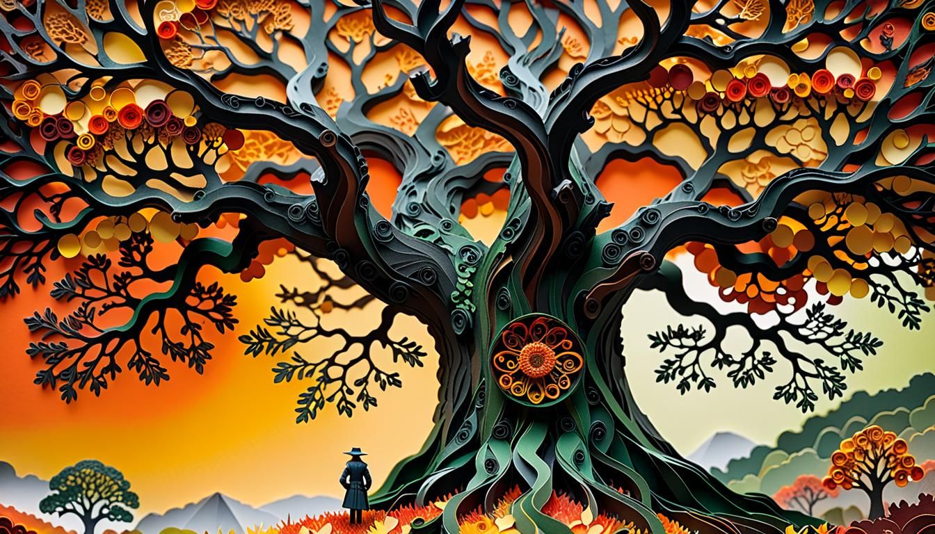 Majestic Paper Collage of Ancient Autumn Oak