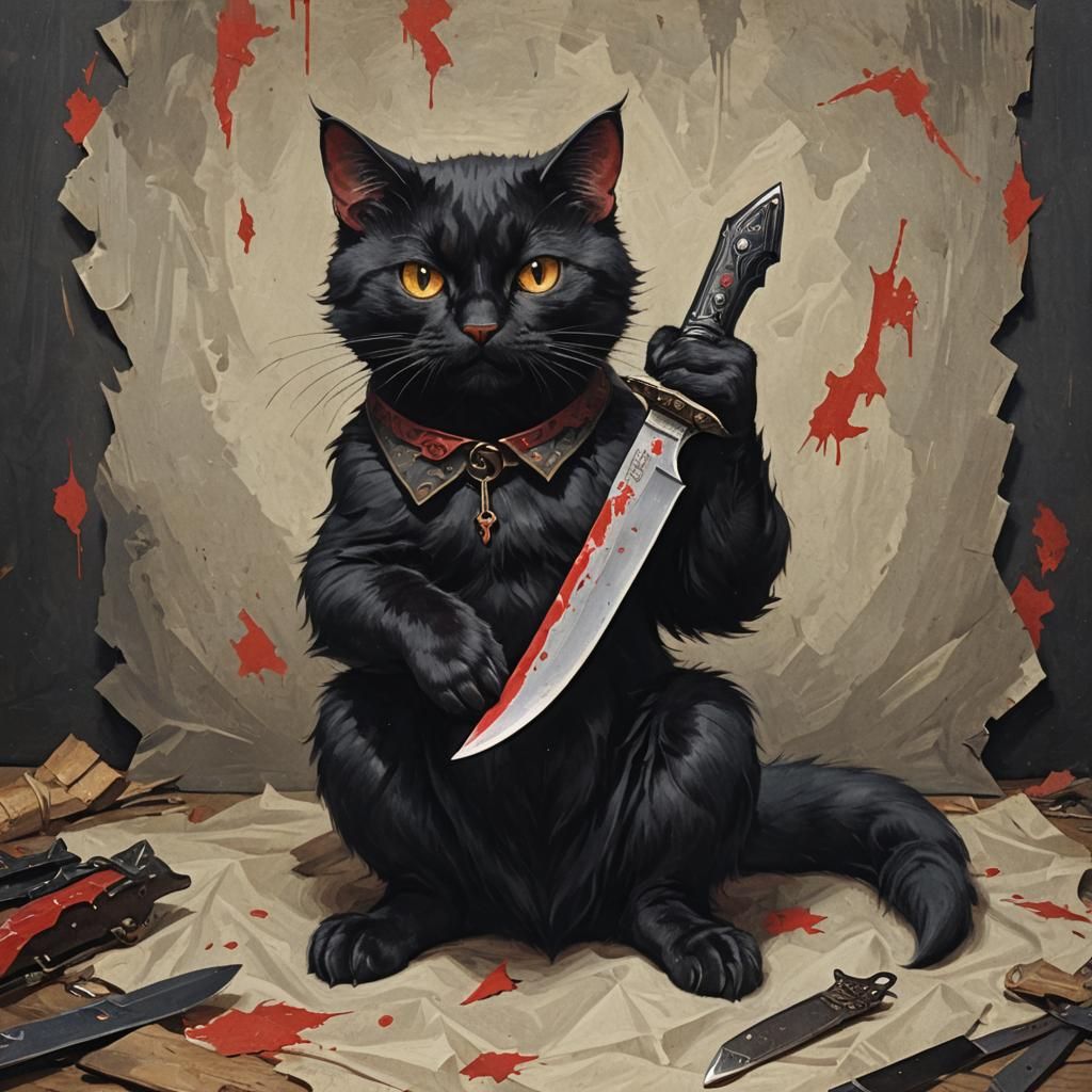 Grim Black Cat Brandishing Knife: Edgy Digital Art