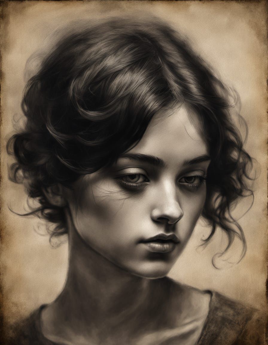 Renaissance-Inspired Charcoal Portrait of a Young Woman with...