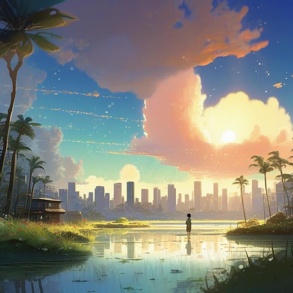 Hawaiian Wetlands Fantasy City in Ghibli Style