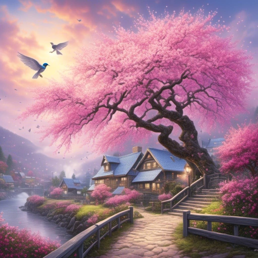 Cherry Blossom Bird in Ethereal Fantasy Style