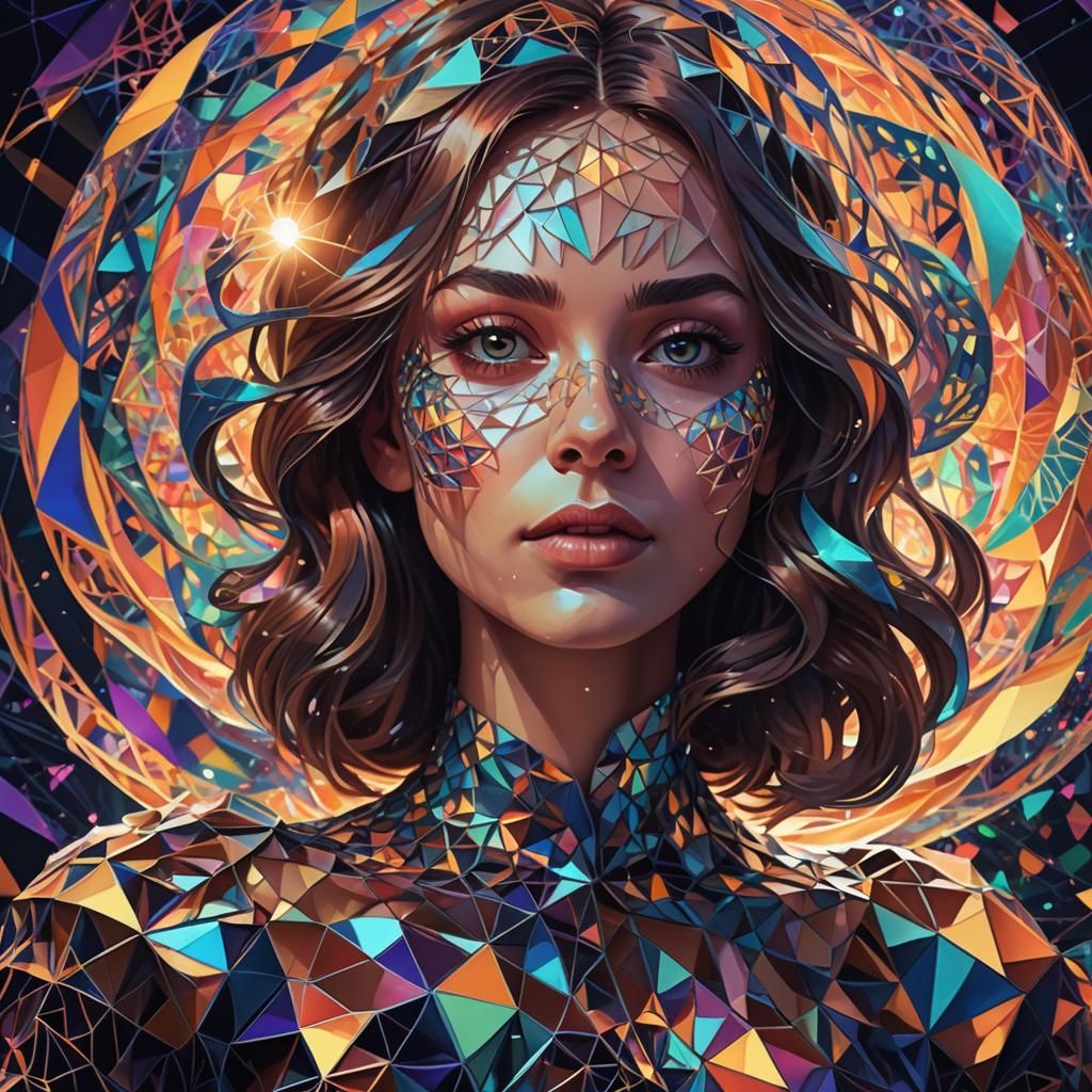 Surreal Low-Poly Portrait in Fractal Landscape