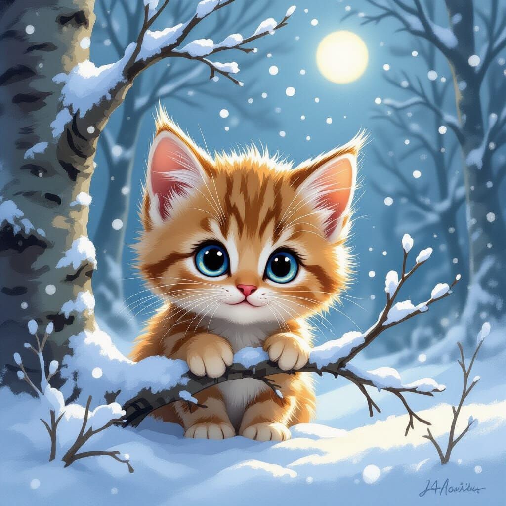 Mischievous Kitten in Moonlit Winter Forest