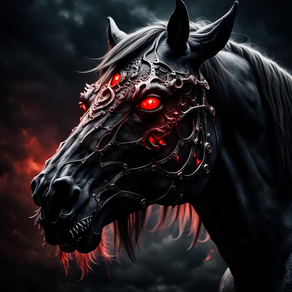 helhest demon horse from hell. Terrifying, intricate design, red eyes, darkness.