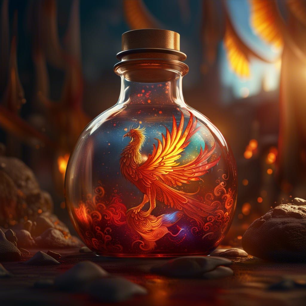 Photorealistic Phoenix in a Bottle: Fantasy Concept Art