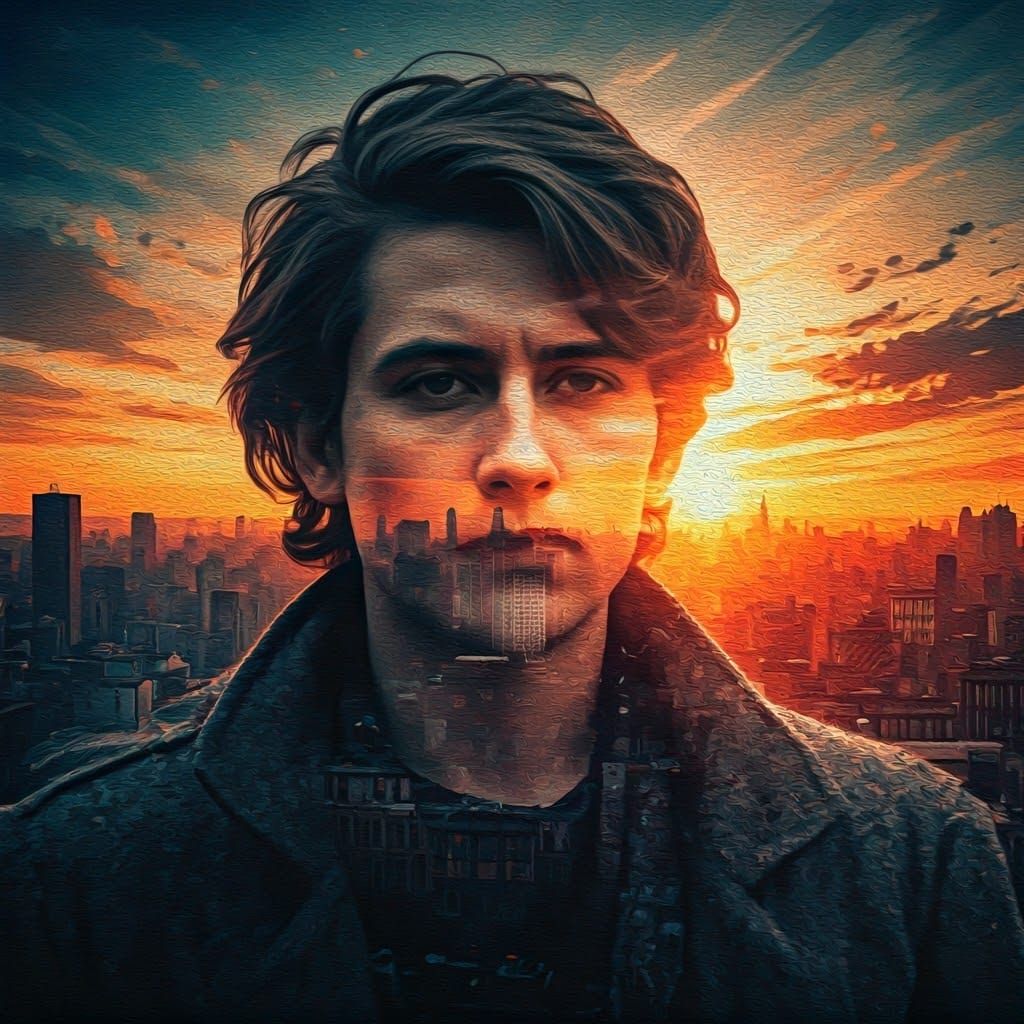 Double-exposure. Medium shot. A person dissolving into a dys...