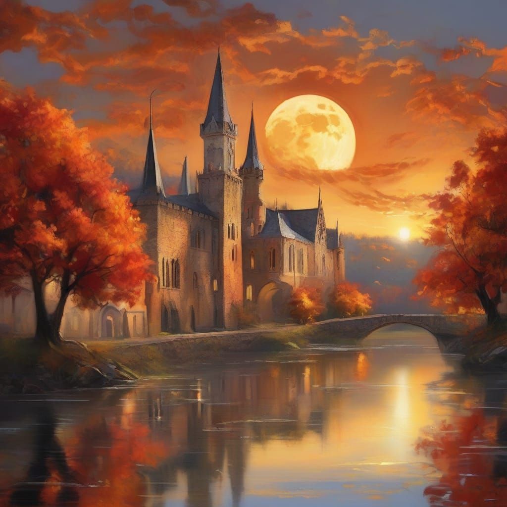 Gothic Fantasy Village Under Golden Moon