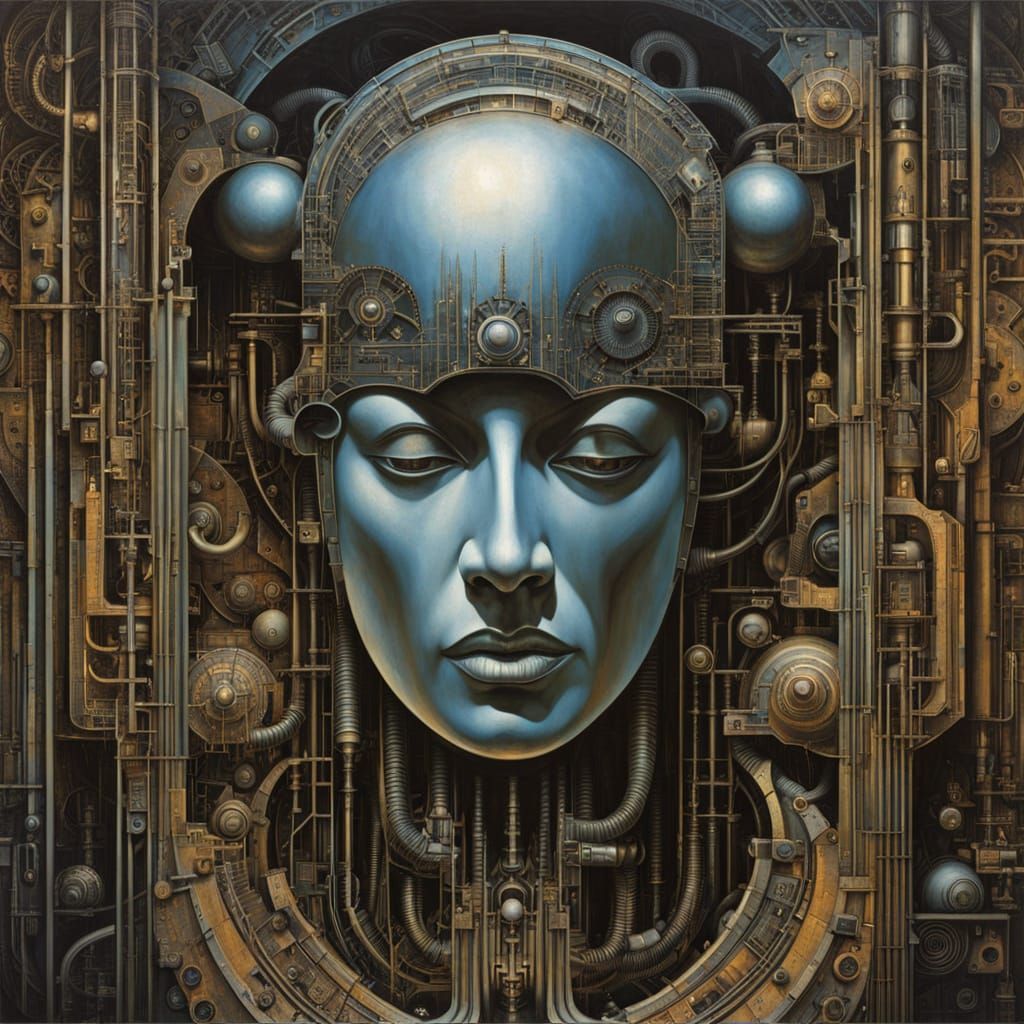 Mechanical Oracle in Industrial Labyrinth, Surreal Futurism