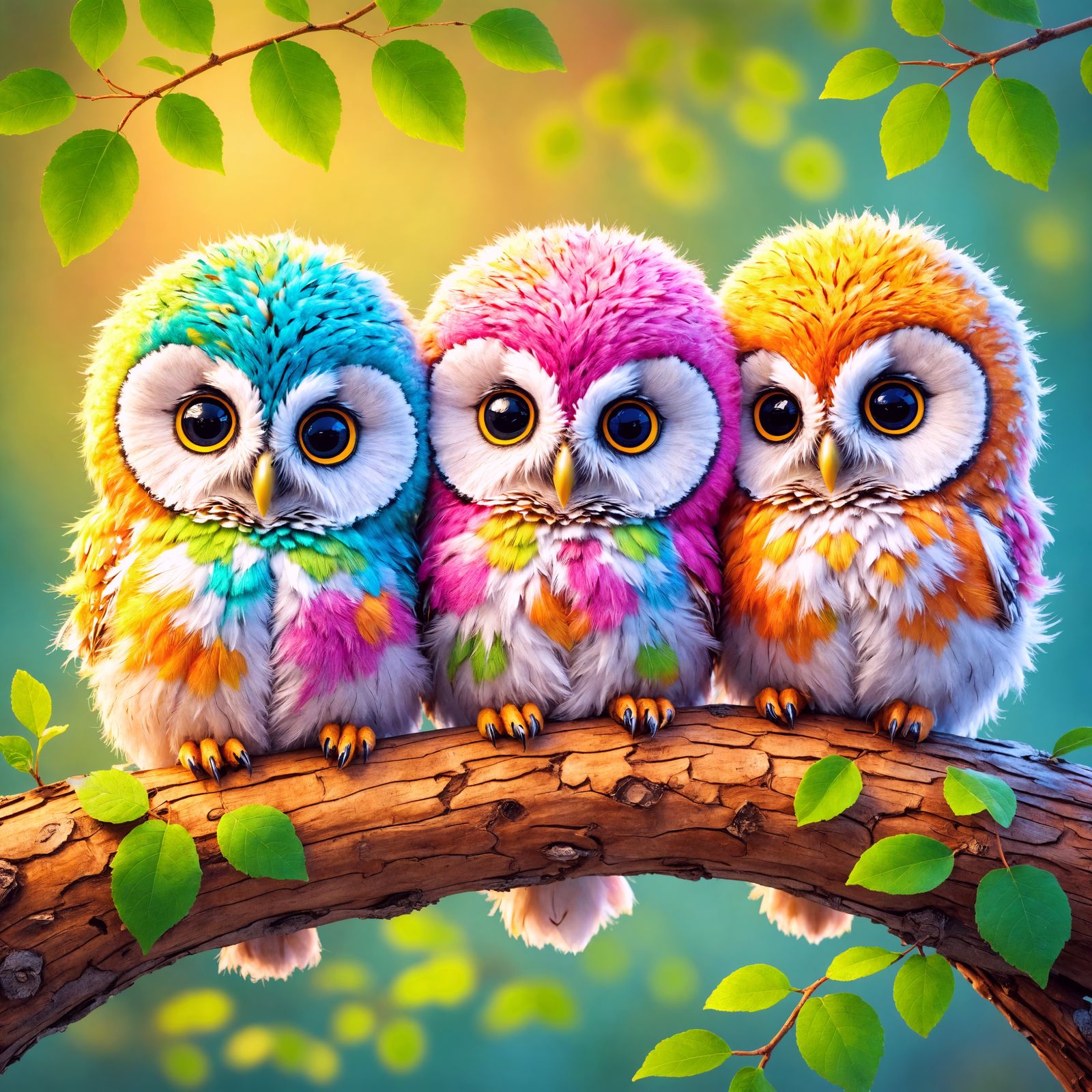 Colorful Owls in Verdant Forest Scene
