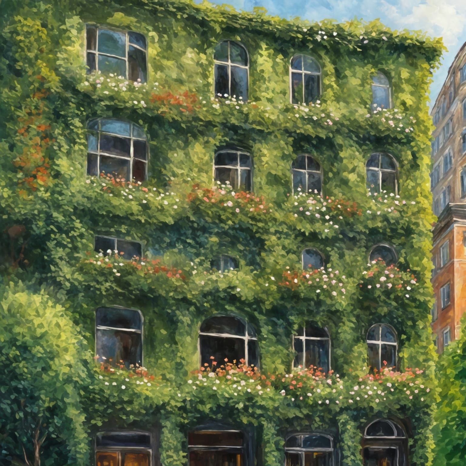 Office Building Covered in Greenery: Impressionism