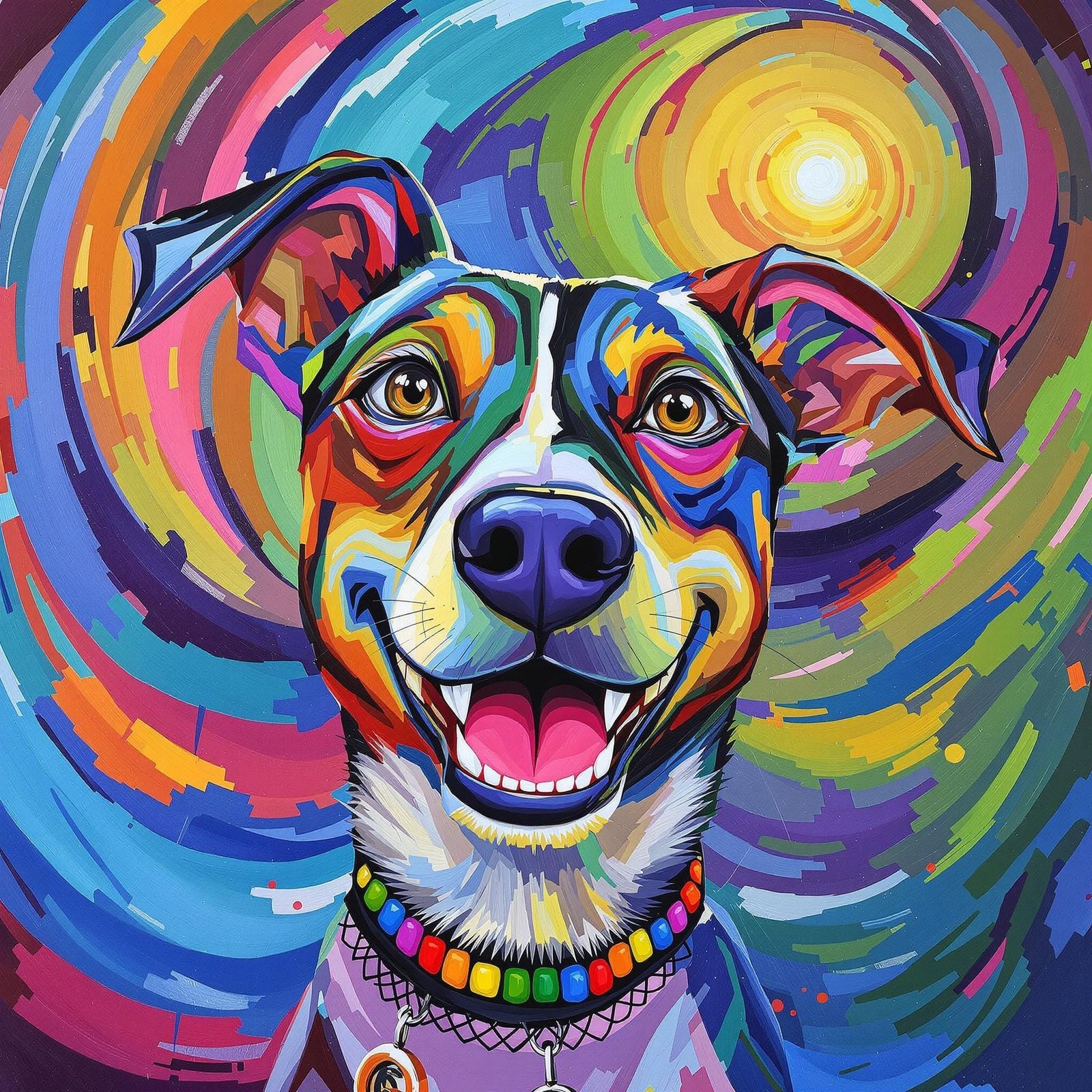 Joyful Surrealist Dog Portrait with Human Smile