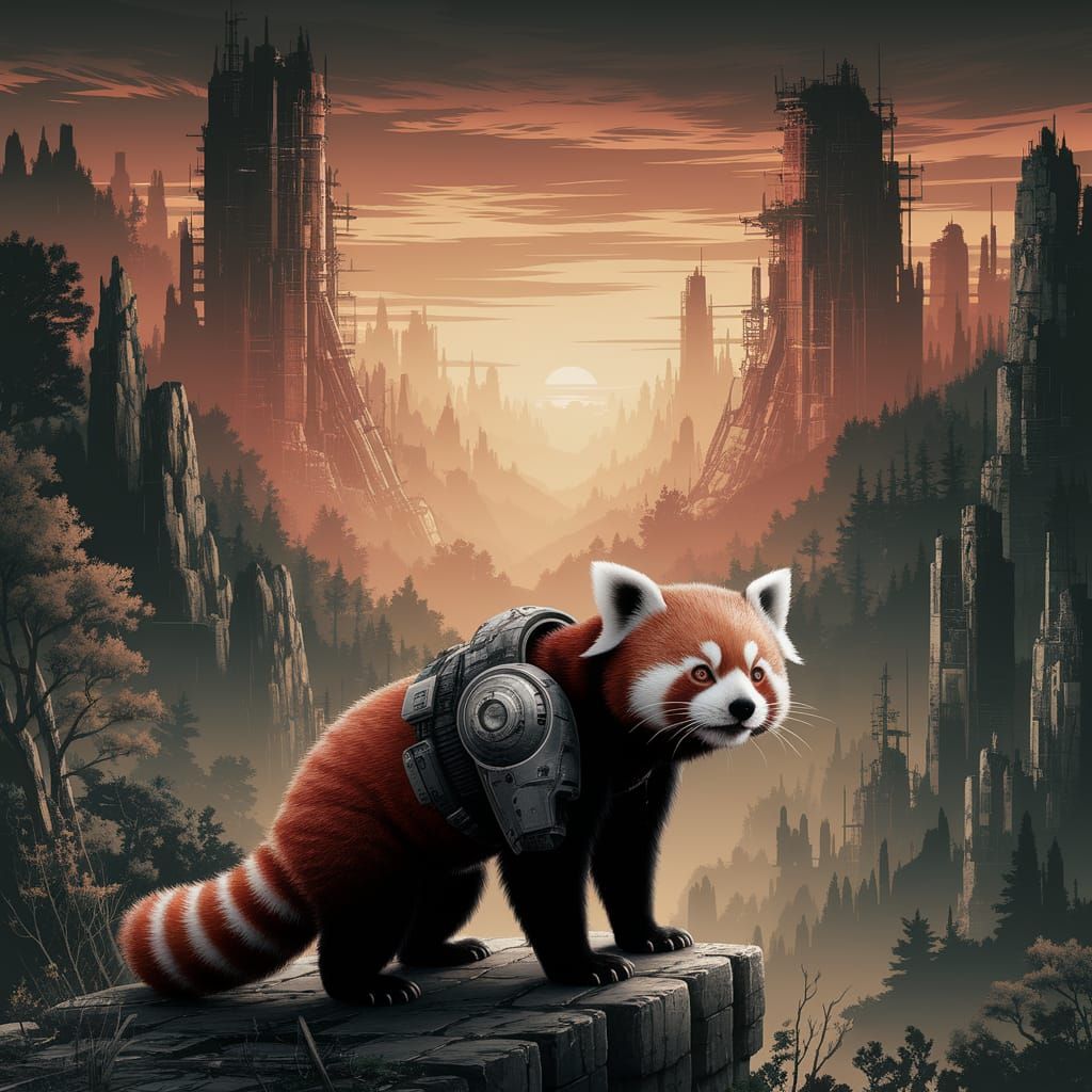 Red Panda in Ruined Futuristic City Matte Painting