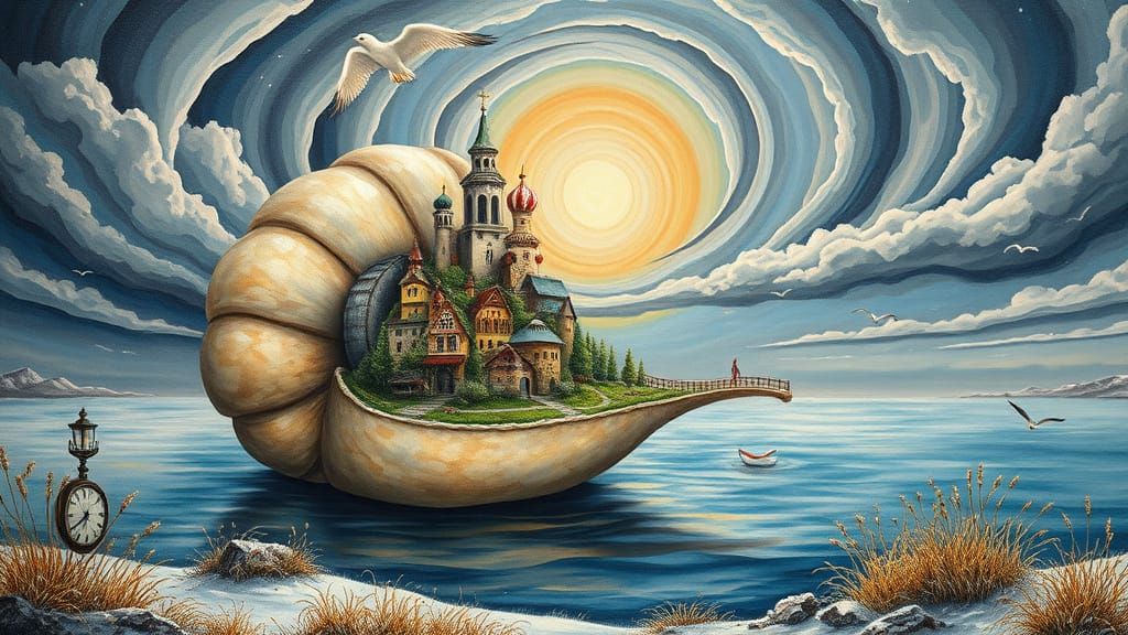 Surreal Floating Village in Dreamlike Watercolor Art