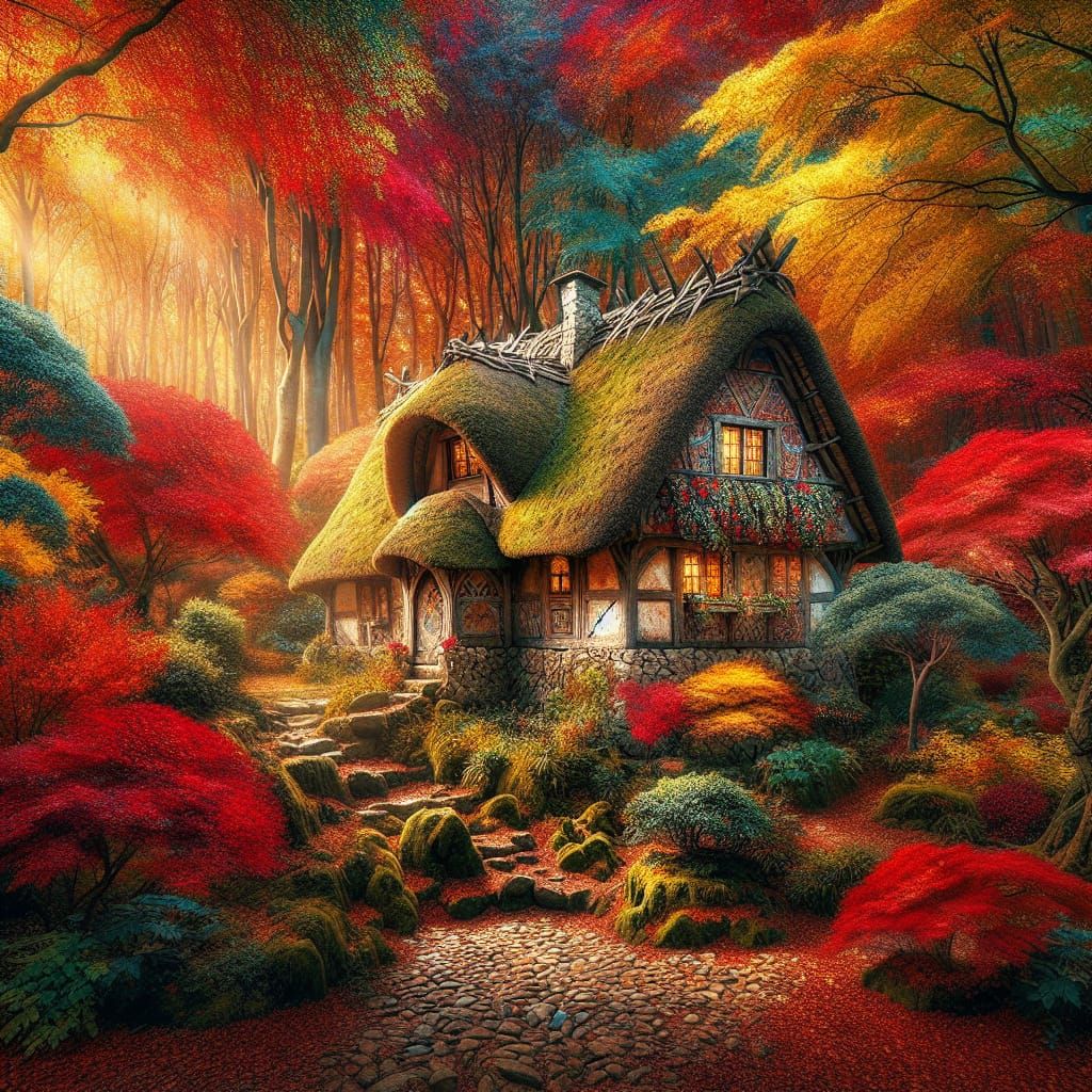 Quaint Cobblestone House in Autumn Forest, Matte Painting