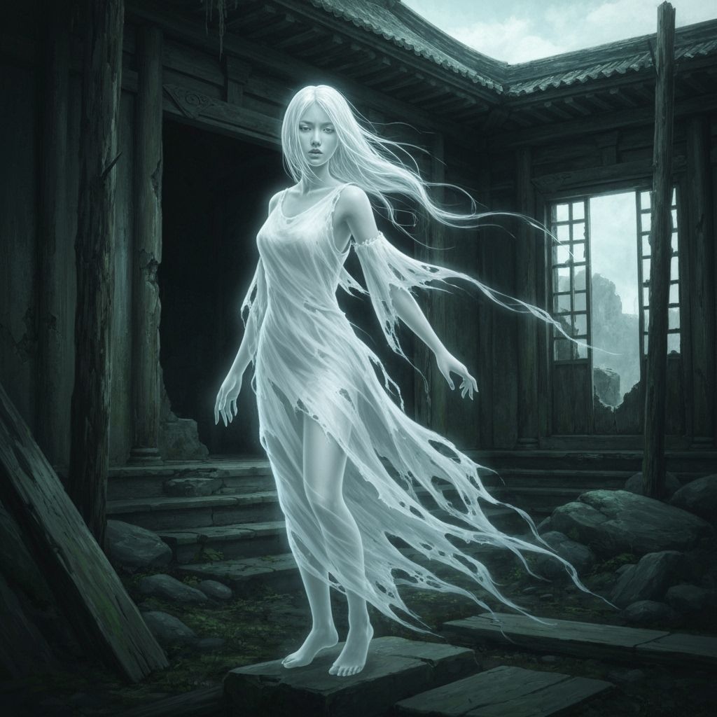 Ghostly Asian Woman in Ruined Japanese Temple Oil Painting