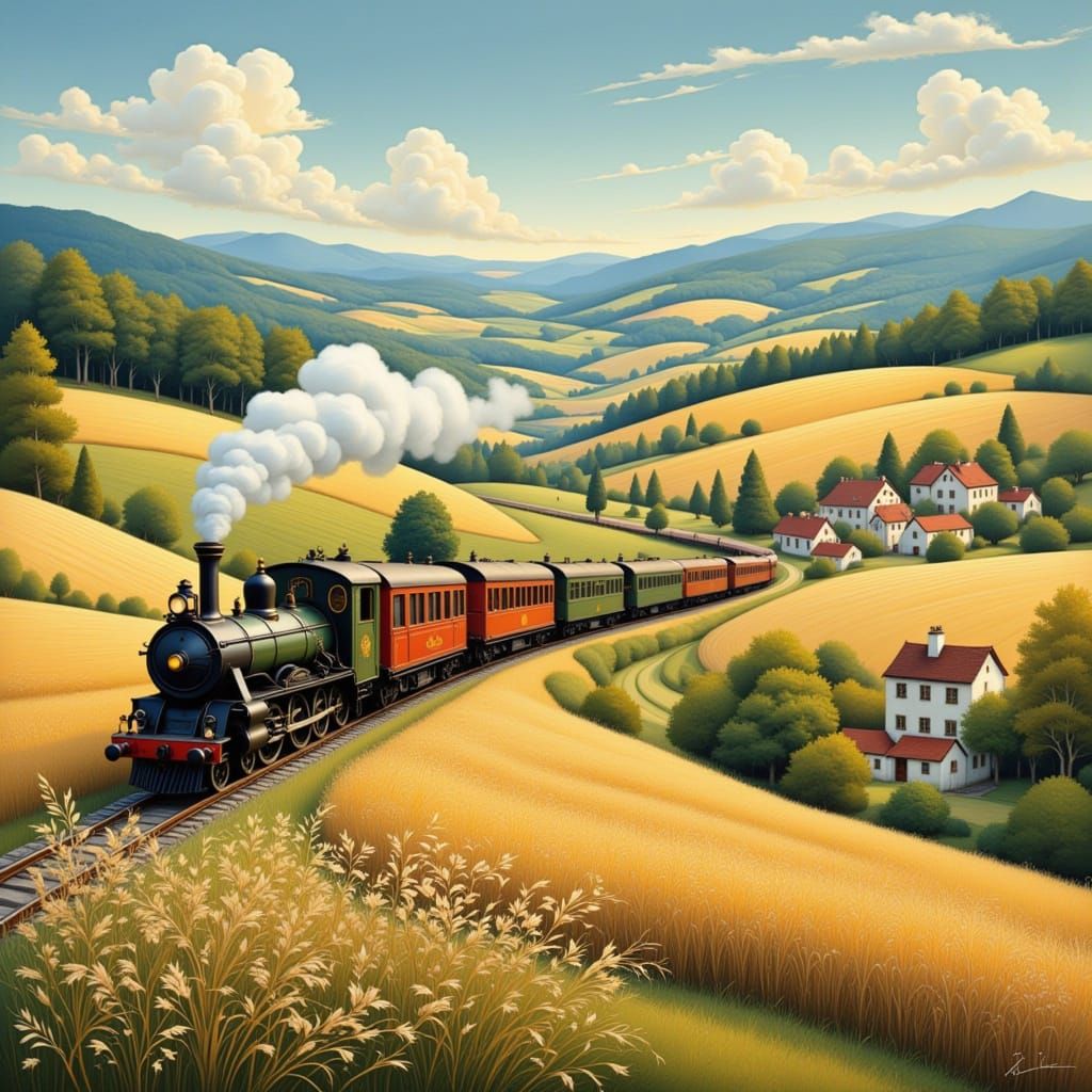 Idyllic Countryside Train Ride in Folk Art Nouveau Style