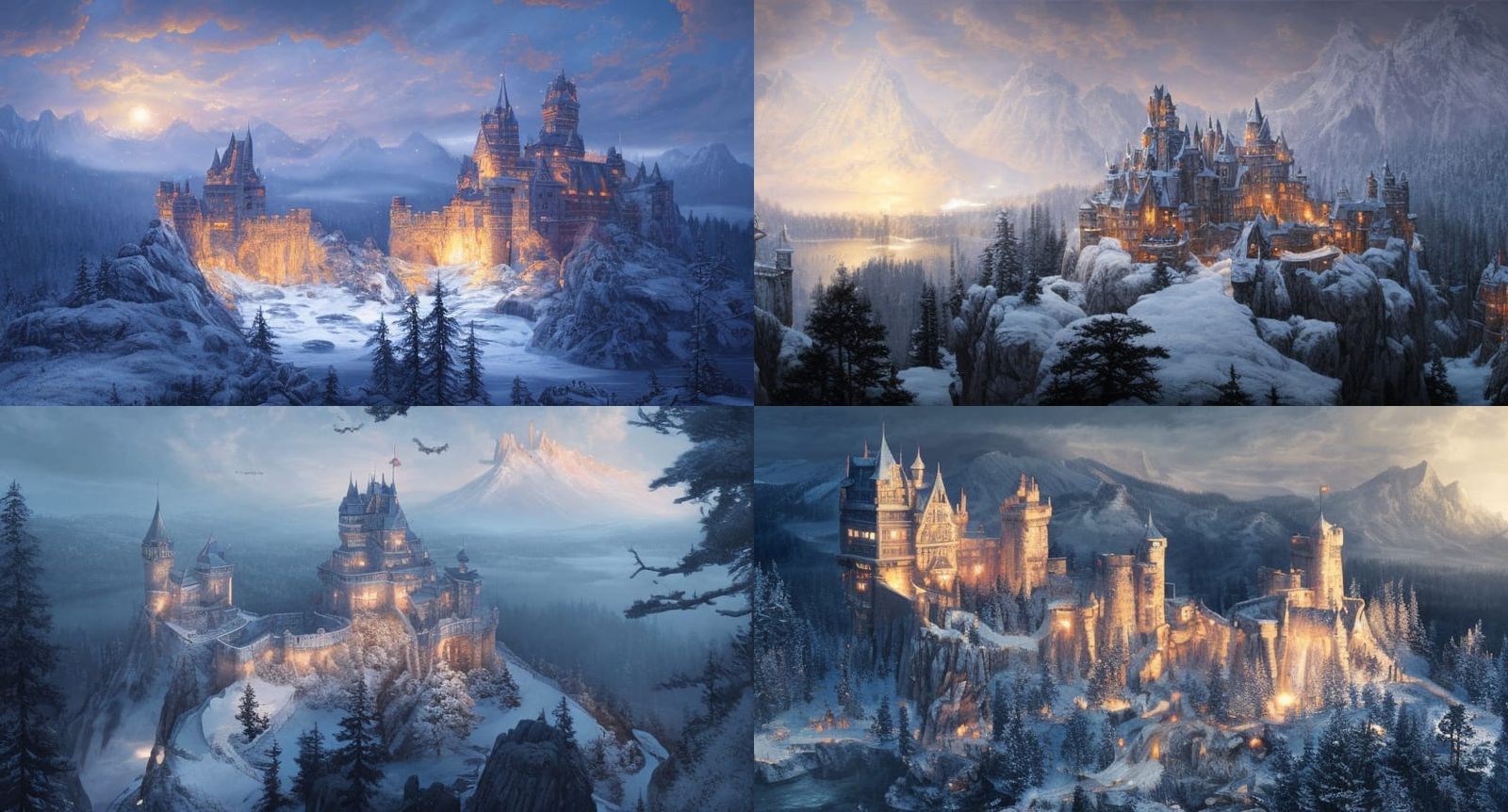 Epic Castle on Snowy Mountain at Sunset