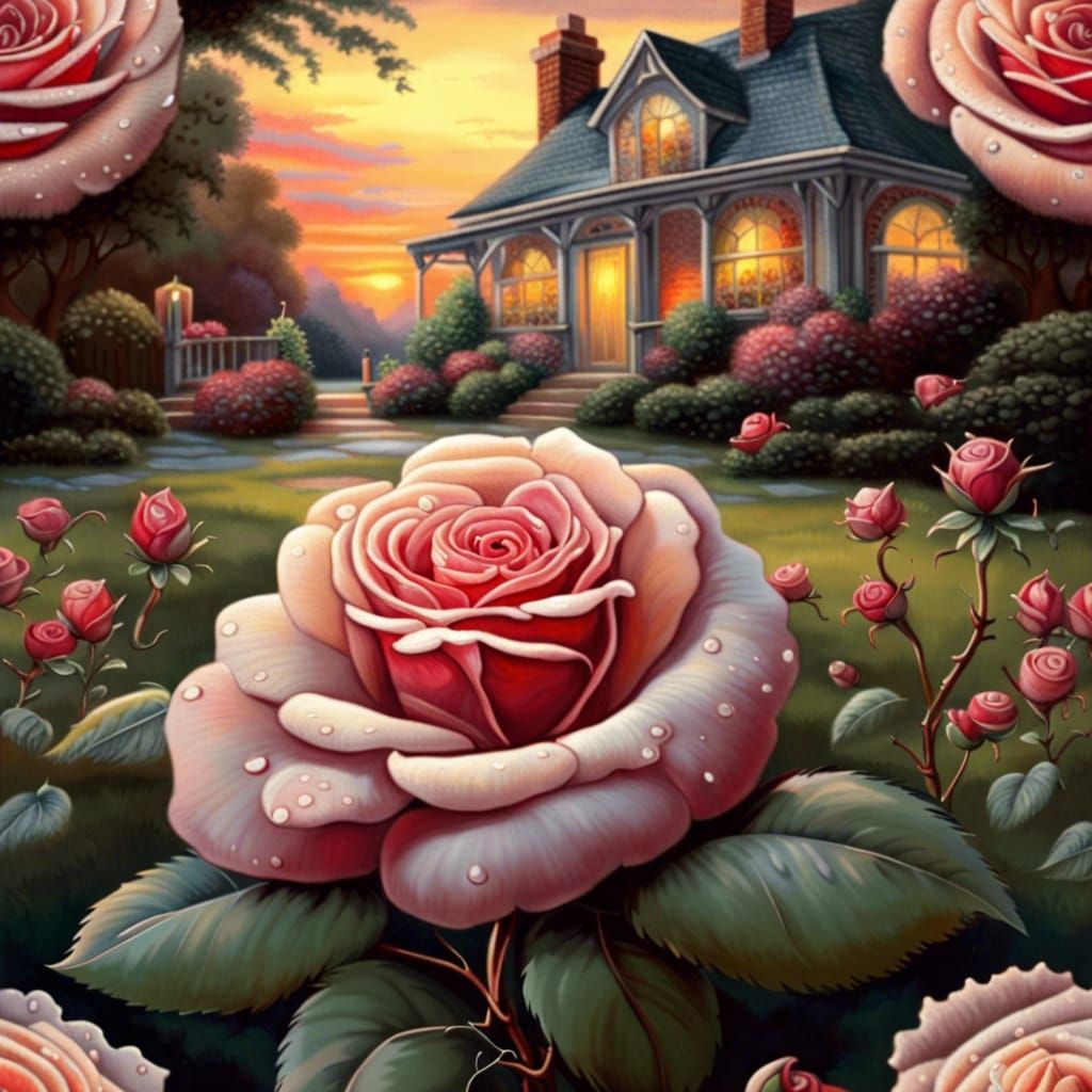 Sunset Cottage Garden with Roses, Hyperrealistic Painting