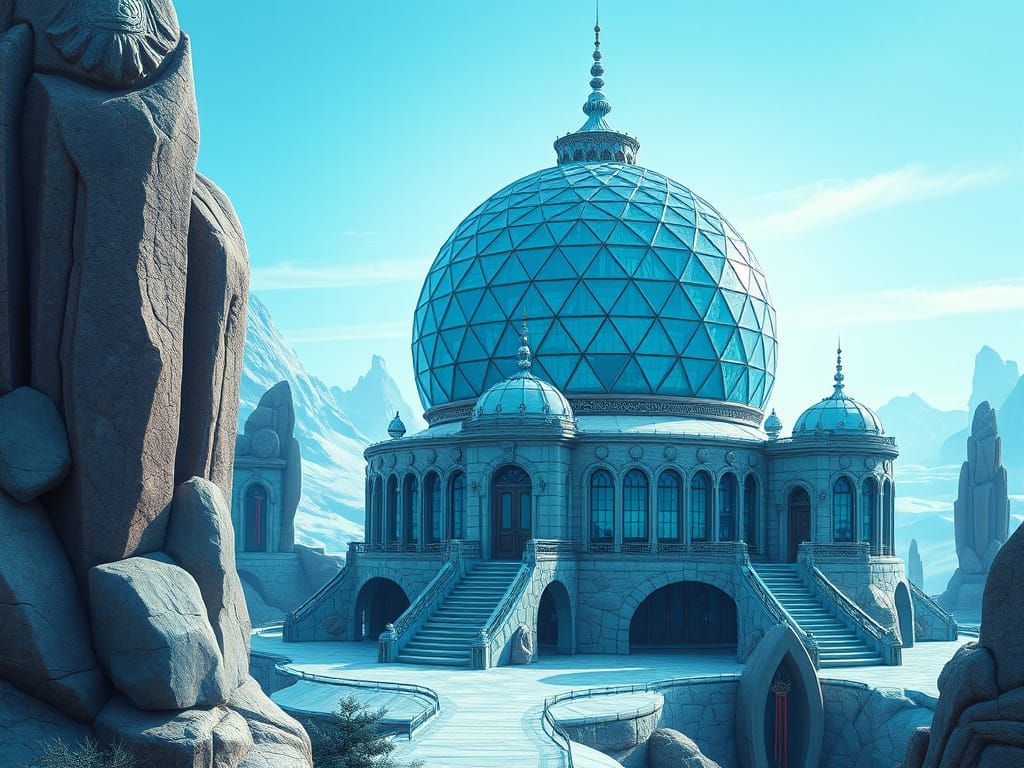 Ethereal Geodesic Castle in Fantasy Landscape