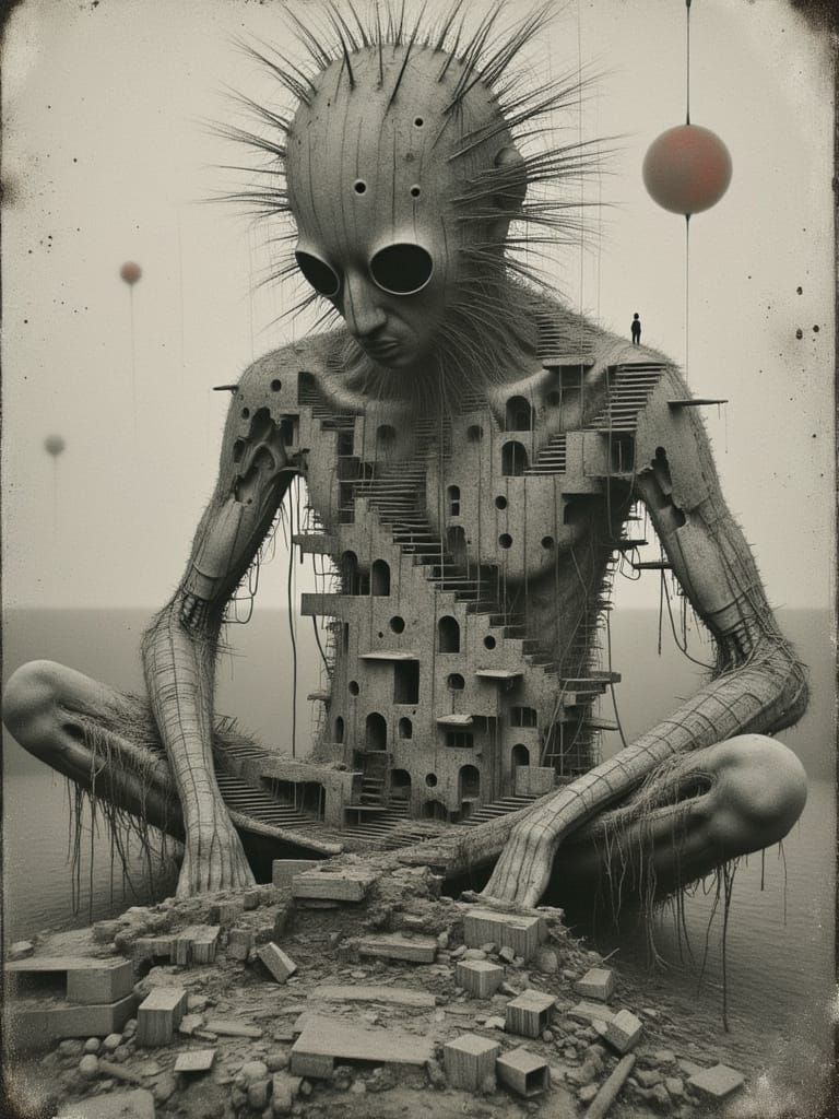 Giant Cracked Mechanical Man in Desolate Atomic City