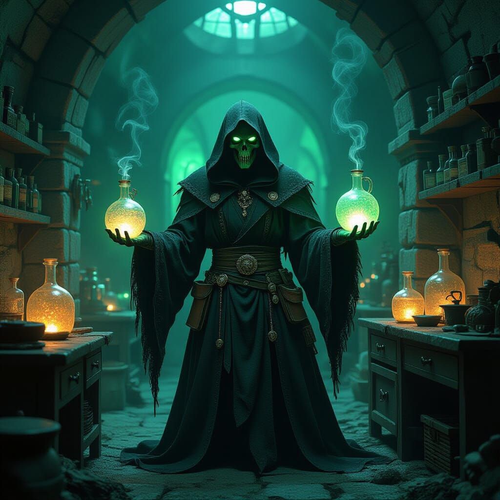 Undead Alchemist in Gothic Lab, Dark Surrealist Style
