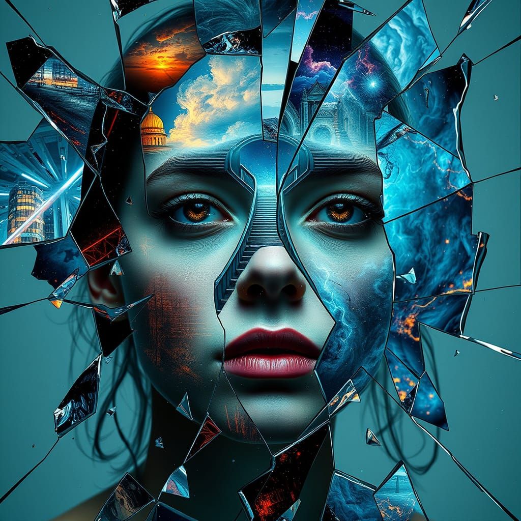 Surreal Dissolving Figure in Shattered Glass