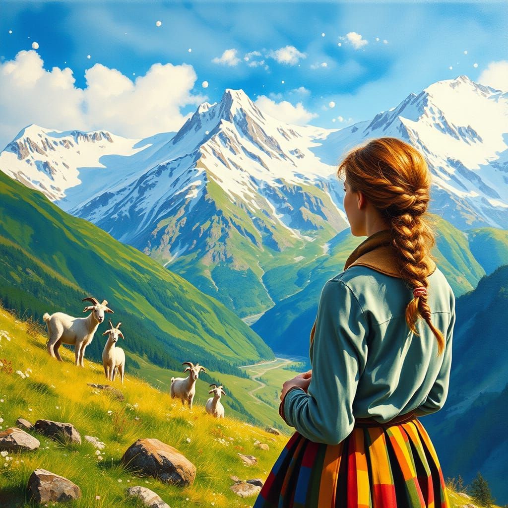 Heidi in Swiss Alps Maximalist Impressionist Landscape