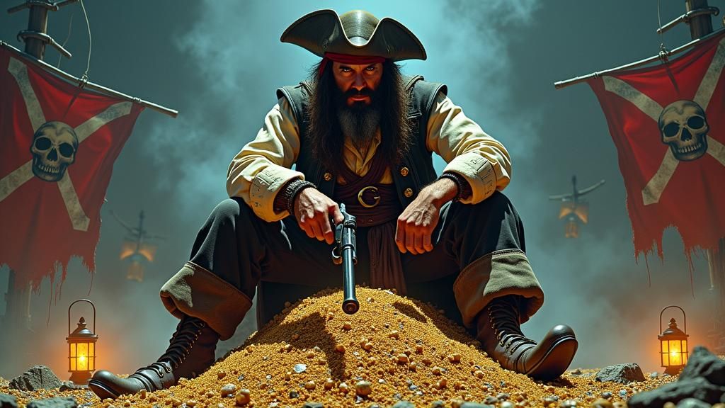Pirate Guarding Treasure in Gritty Fantasy Style