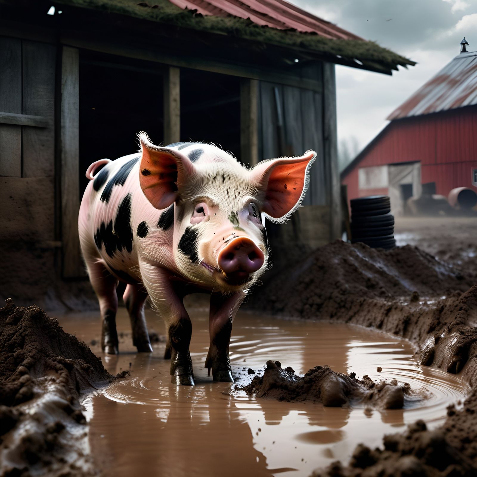 Hyperrealistic Pig Playing in Mud by Barn
