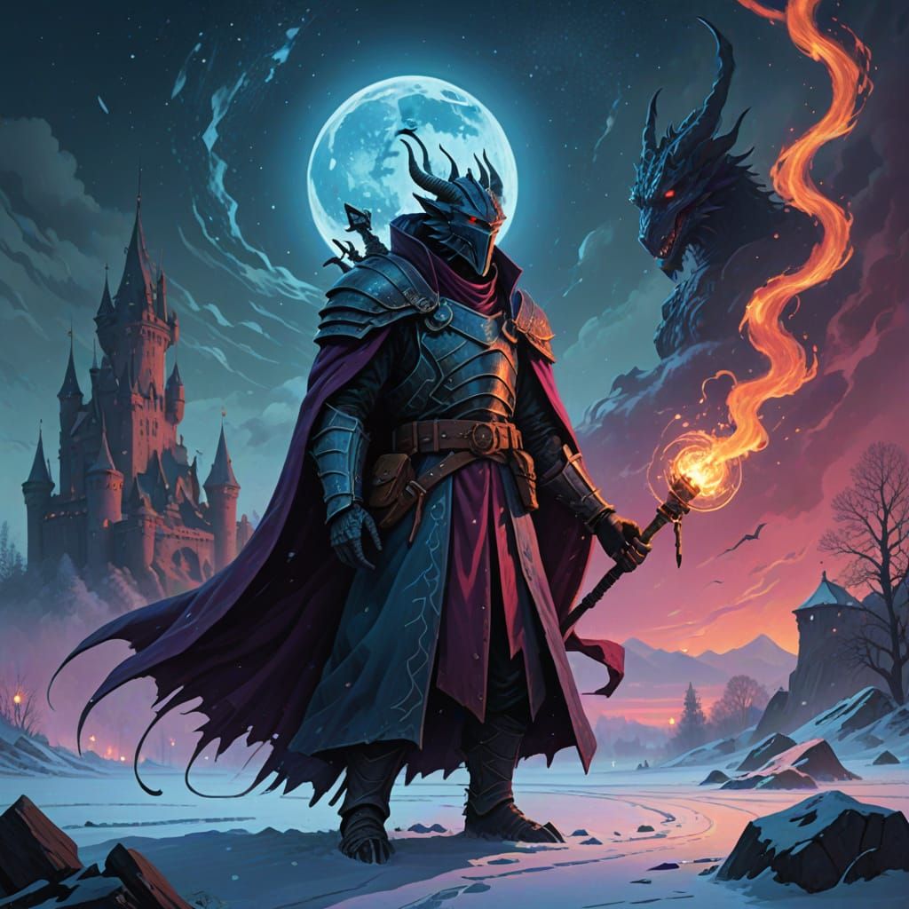 Metallic Dragonborn Sorcerer in Starry Night Sky with Dark C...