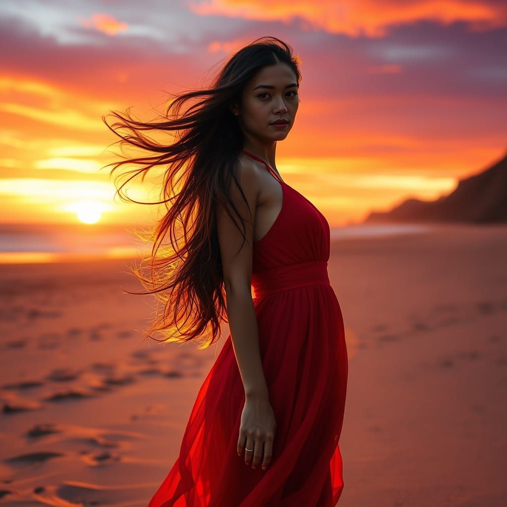 Woman in Red Dress on Beach at Sunset