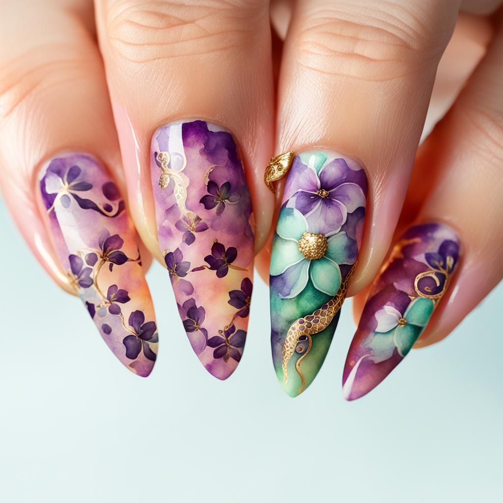 Watercolor Floral Nail Art with Gold Accents