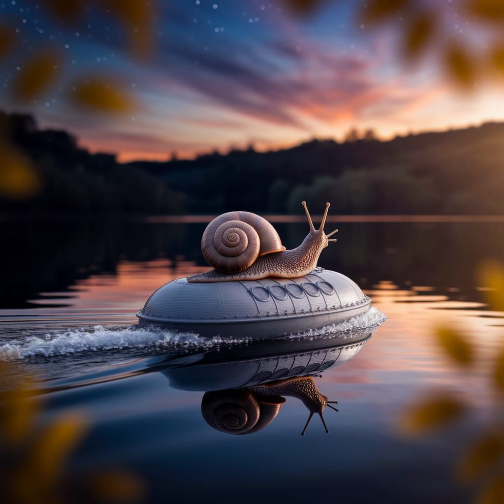 Miniature Snail on Hovercraft at Sunset Lake