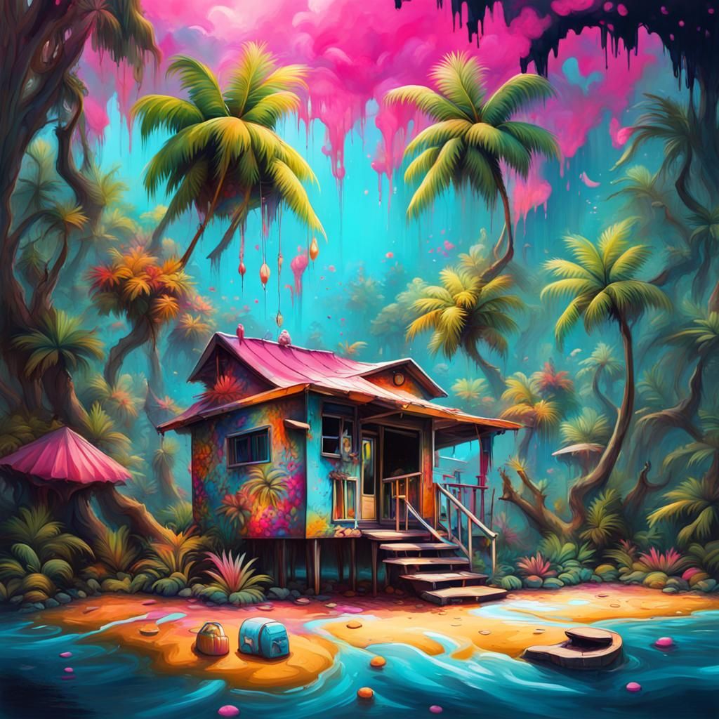 Colorful Graffiti Art of Island Bungalow Oasis