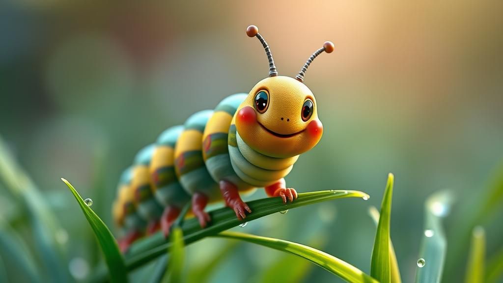 Candy-Colored Caterpillar Smiling in Hyper-Realistic 3D Anim...