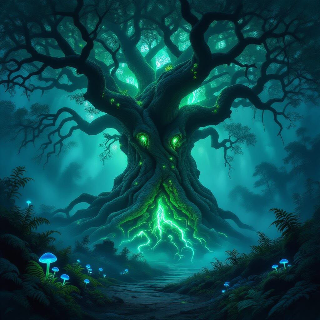 Ancient Bioluminescent Tree in Mystical Twilight Forest