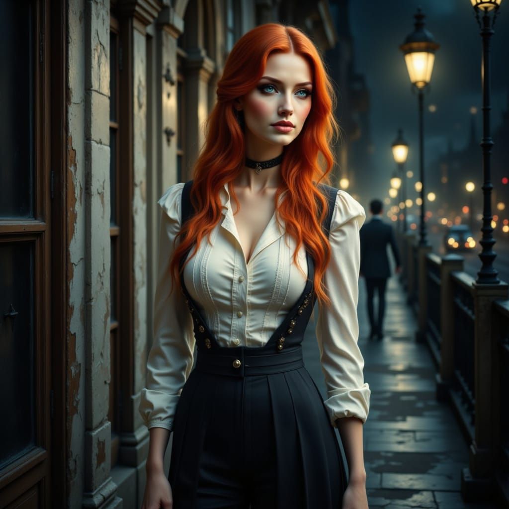 Gothic Redheaded Woman in Victorian Era City Night