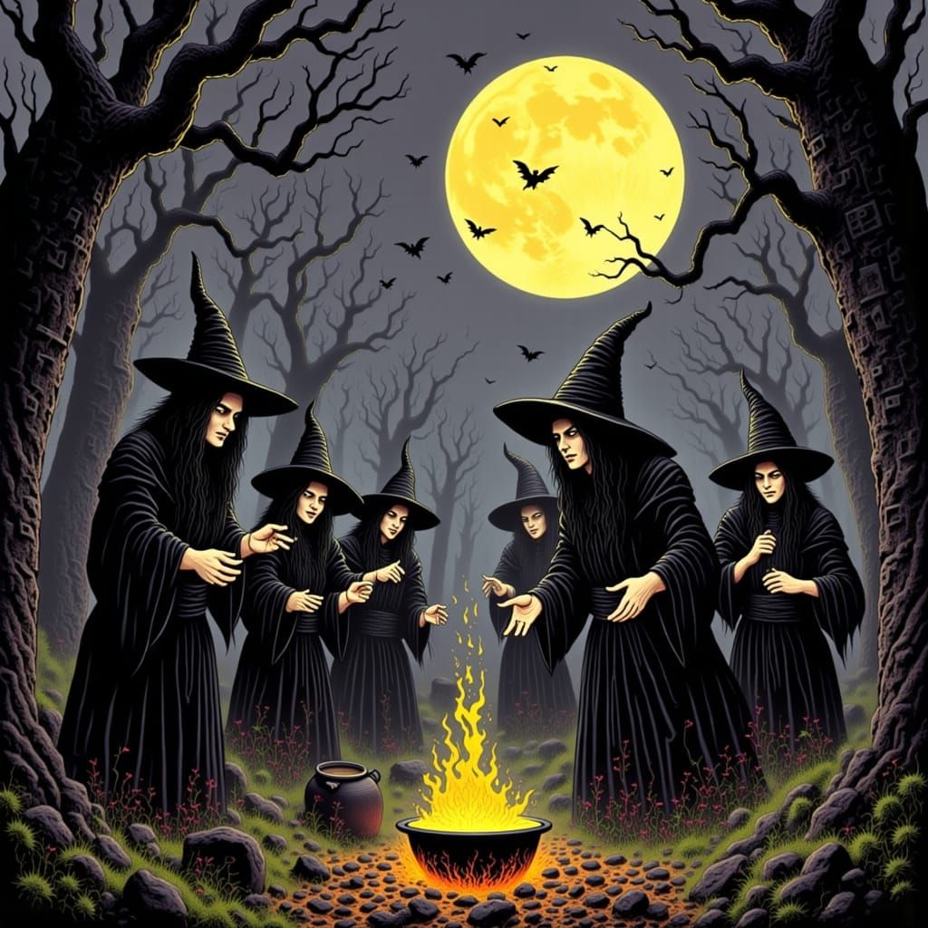 Witches Coven in Moonlit Clearing with Magical Potion