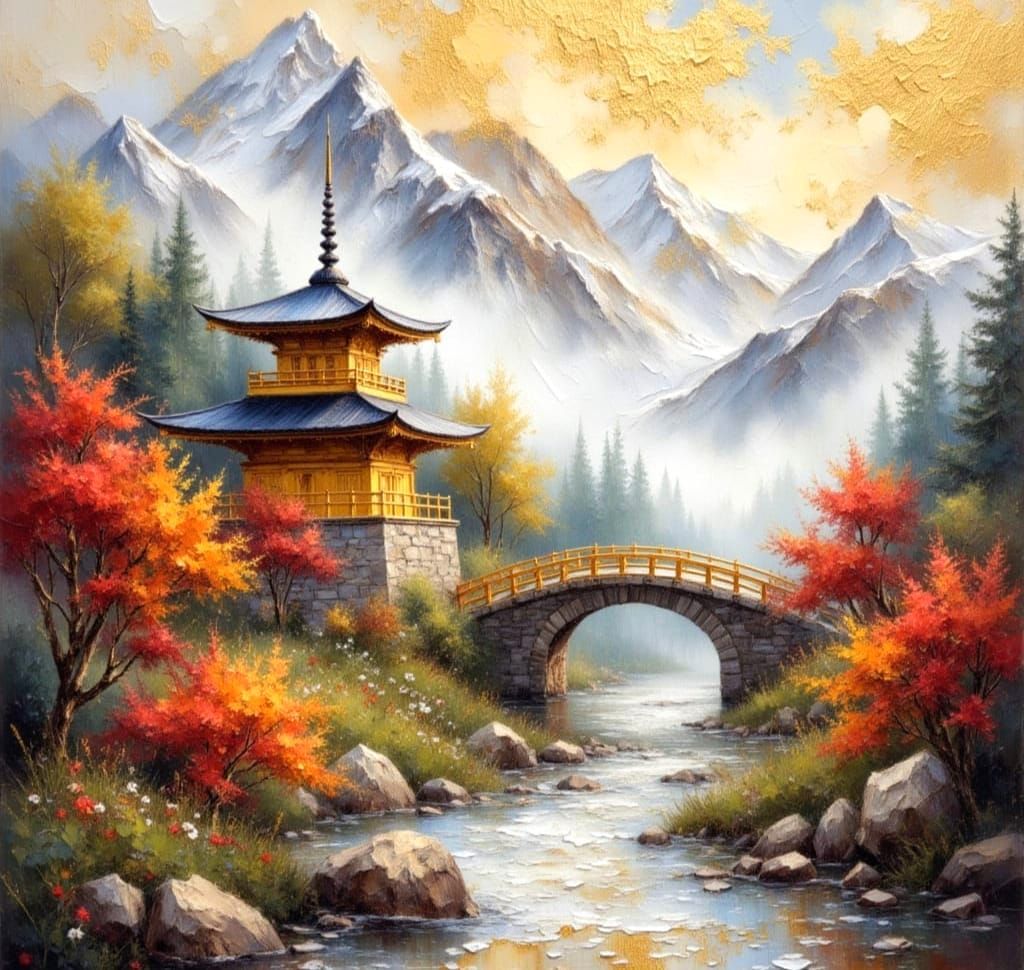 Misty Gold Temple in Impasto Painting Style